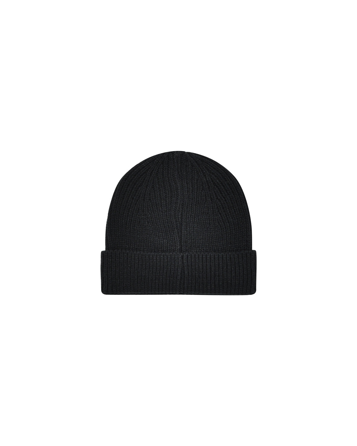 Short hat in black ribbed knit with logo patch