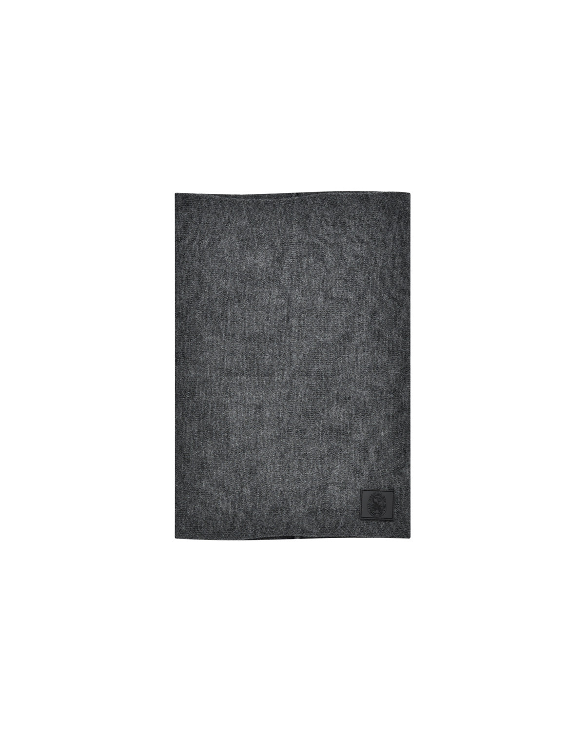 Gray stockinette knit neck warmer with logo patch