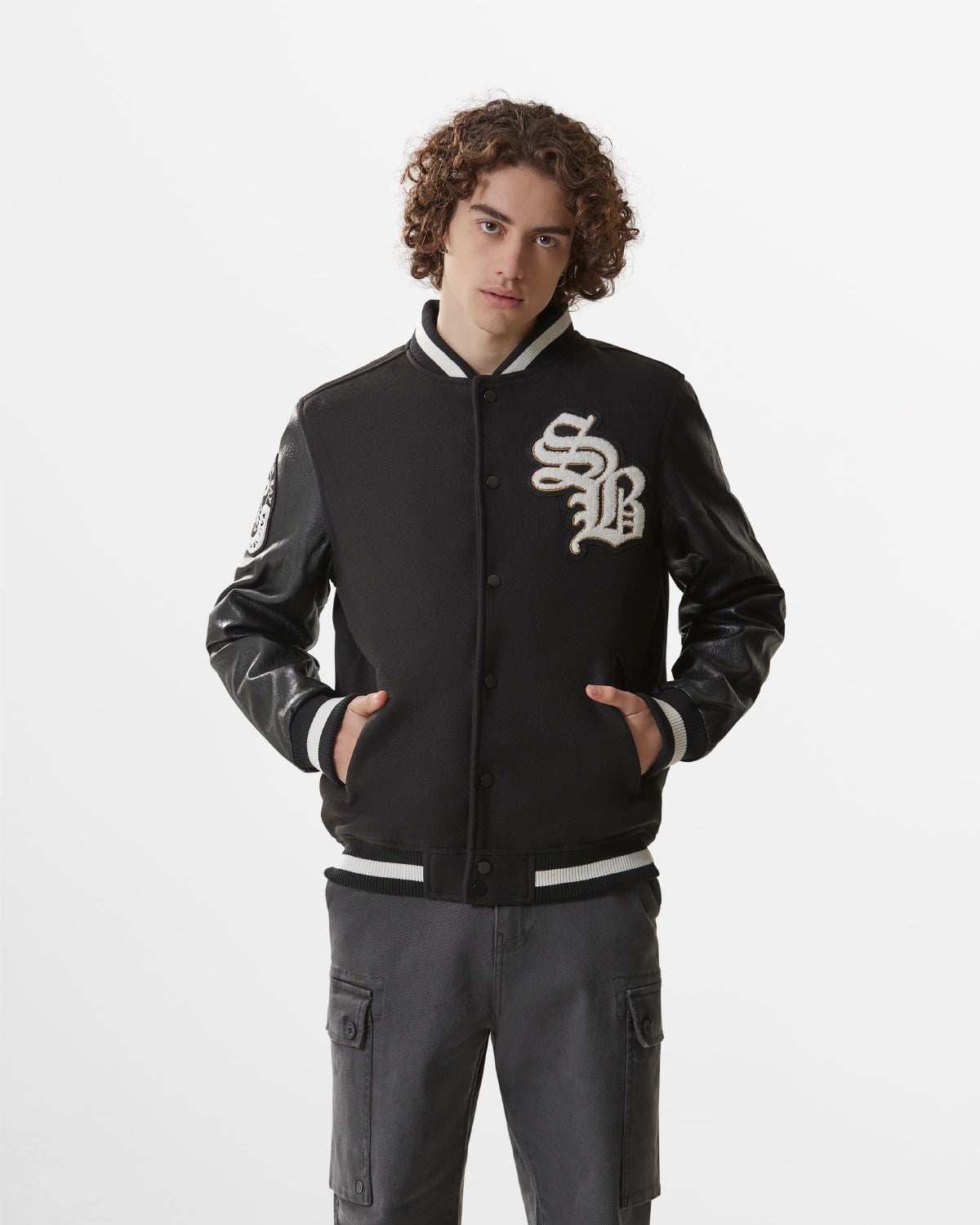 Men | Varsity Style Jacket With Patches And Faux Leather Sleeves