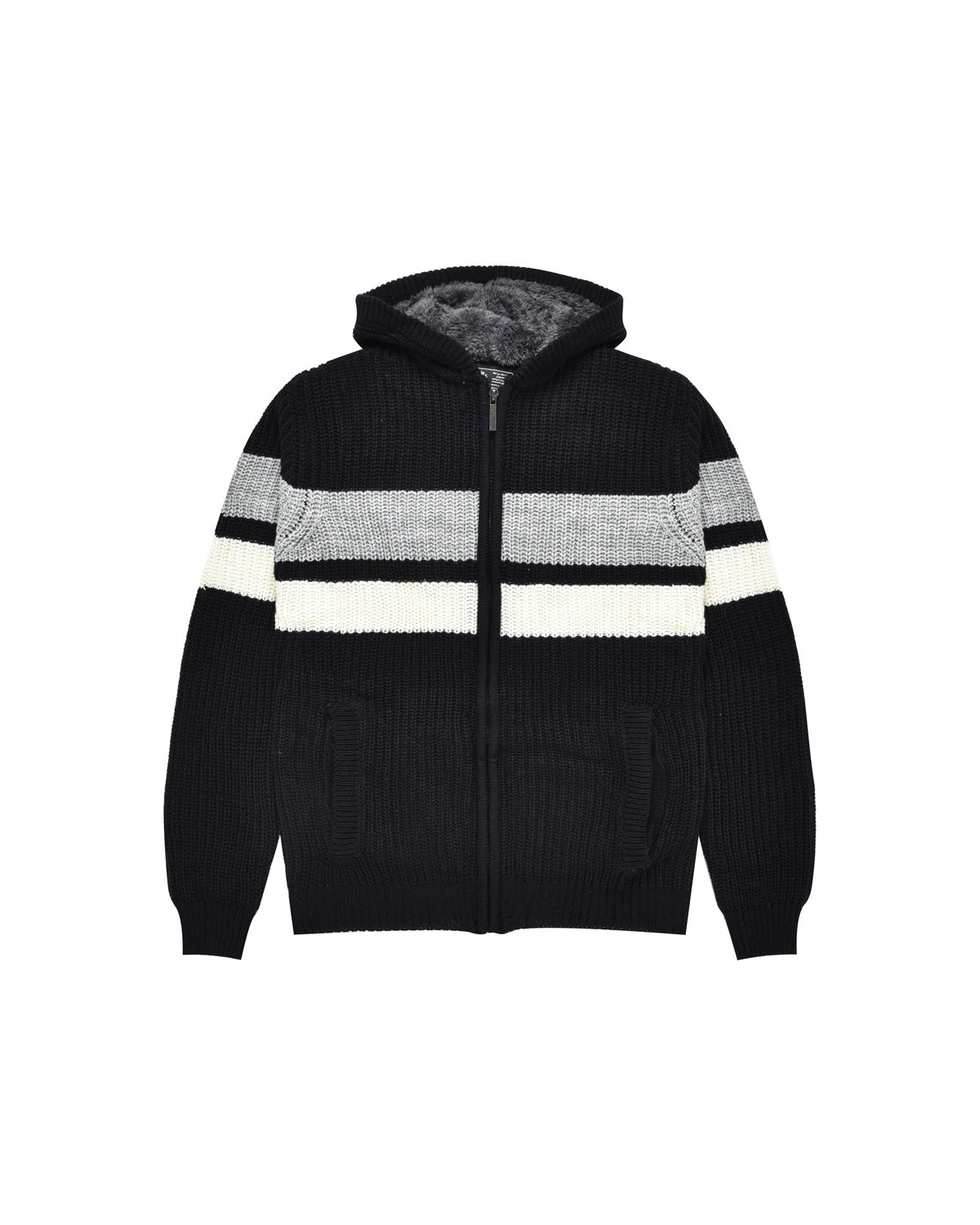 Man | Black Striped Knitted Pullover With Teddy Hood