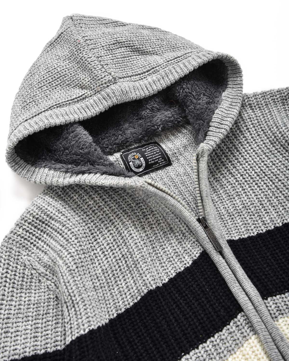 Man | Gray Striped Knitted Pullover With Teddy Hood