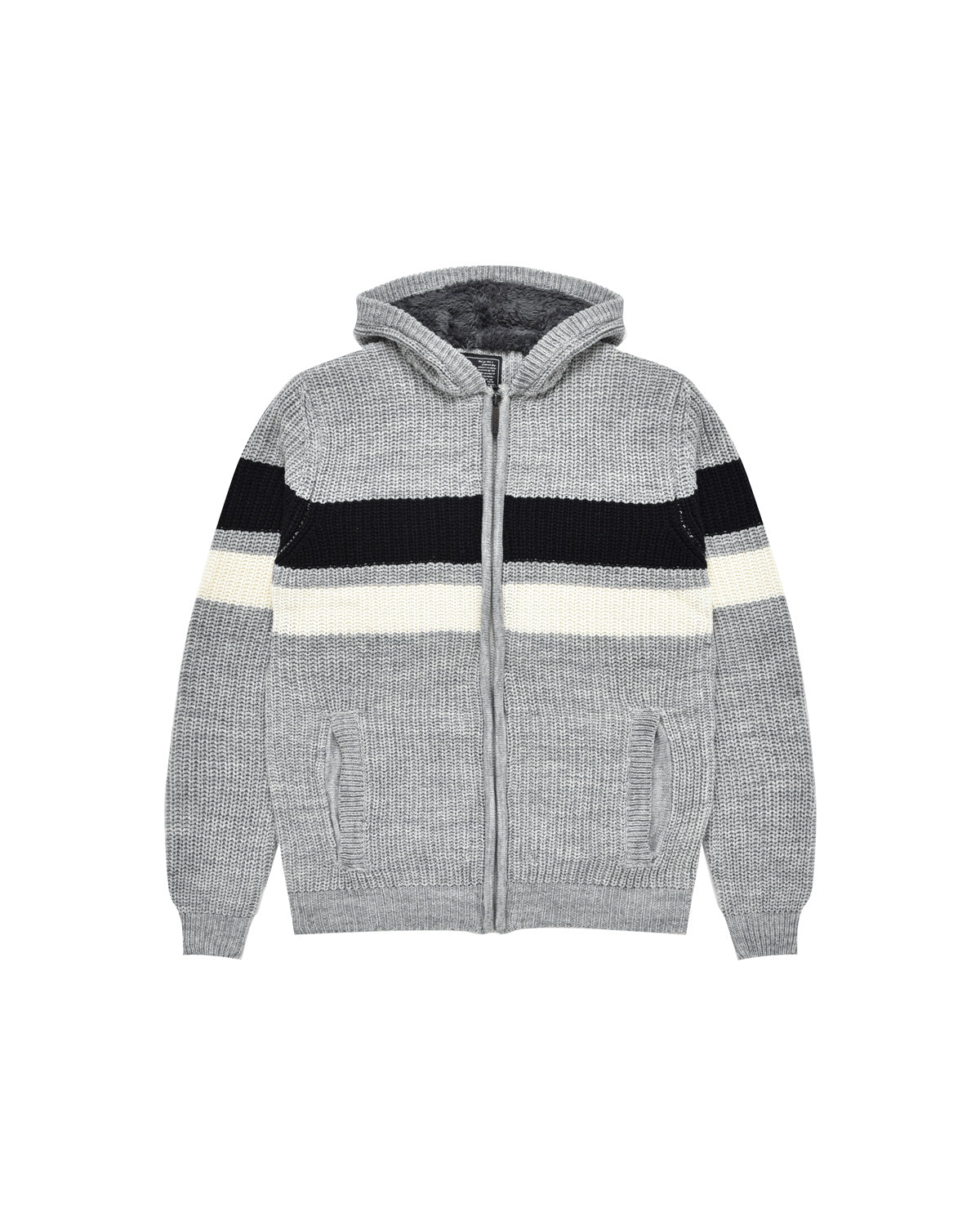 Man | Gray Striped Knitted Pullover With Teddy Hood