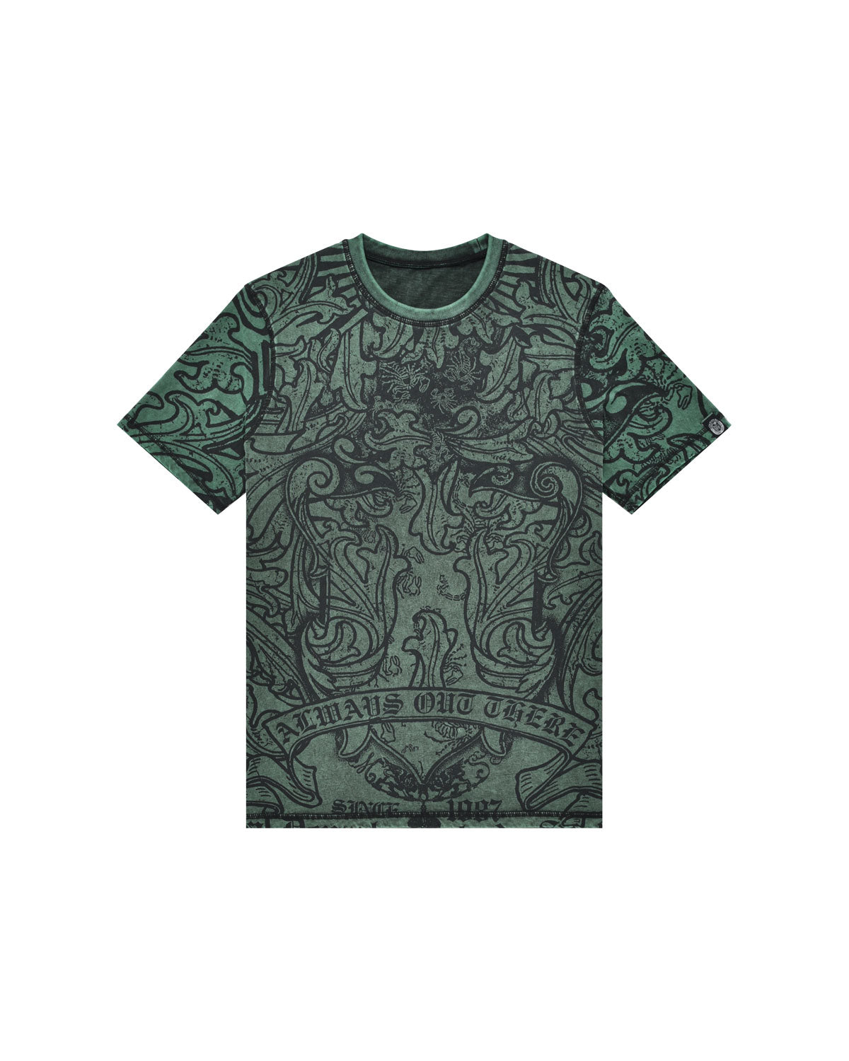 Man | Washed Doubleface Aquamarine T-Shirt With All-Over “Dept De Surfismo” Print