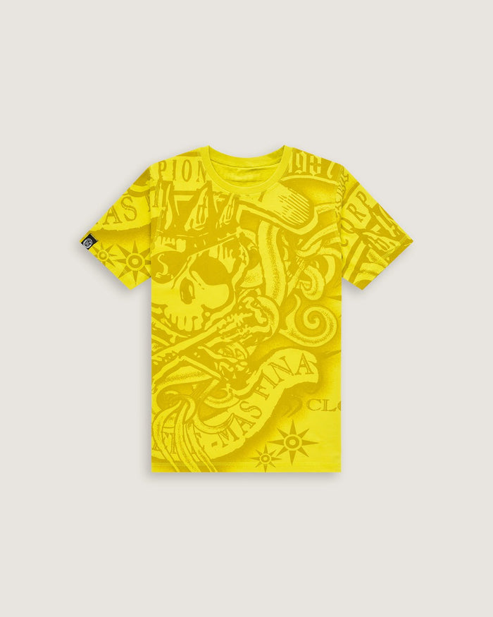 Bambino | T-Shirt Double - Face Color Giallo Acido 100% Cotone Con Stampa All - Over "King Skull" - Scorpion Bay