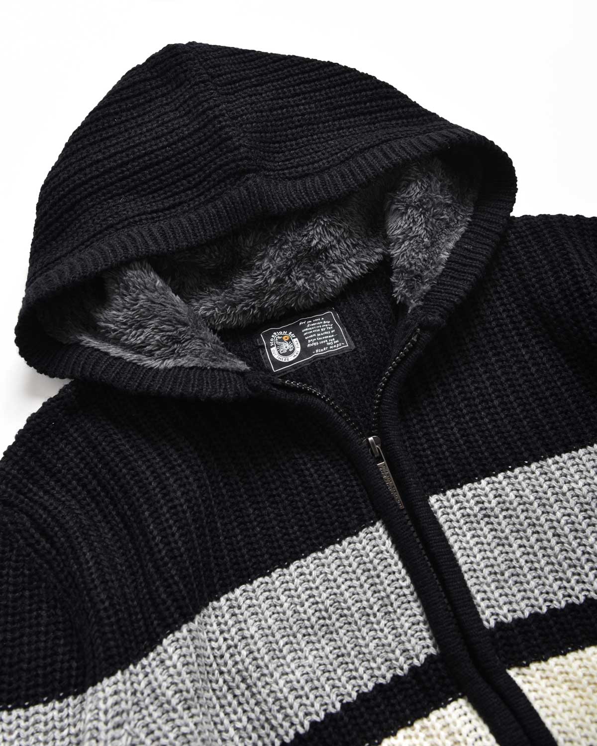 Uomo | Pullover In Maglia A Righe Nero Con Cappuccio Teddy - Scorpion Bay